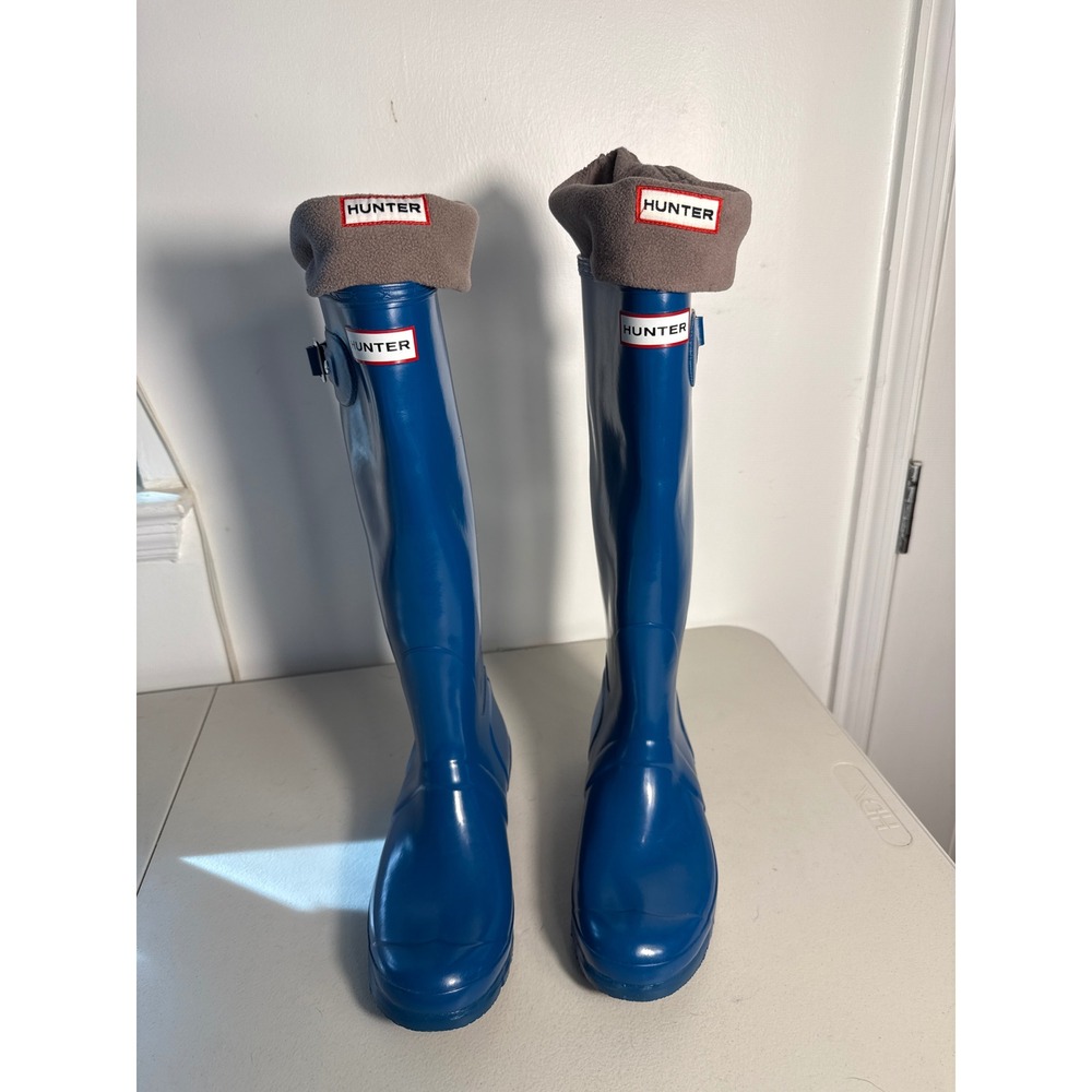 Hunter Original Tall Gloss Rain Boots Blue Women 9 Men 8 With Fleece Socks 8m 9F